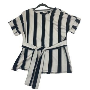 W. Worthington Petite Size PS Blouse Color Cream Black Strips Short Sleeves